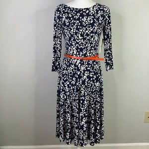 HARPER ROSE Dress Women Size 4 Belted Fit & Flare Navy Blue Floral Stretch